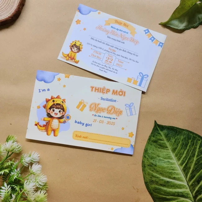 Thiệp mời thôi nôi, sinh nhật, đầy tháng rồng vàng đáng yêu cho bé gái