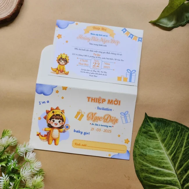 Thiệp mời thôi nôi, sinh nhật, đầy tháng rồng vàng đáng yêu cho bé gái