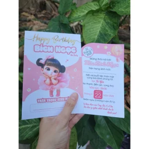 Thiệp mời thôi nôi, sinh nhật, đầy tháng cho bé gái váy hồng