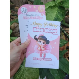 Thiệp mời thôi nôi, sinh nhật, đầy tháng cho bé gái váy hồng