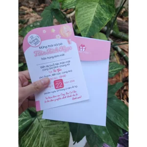 Thiệp mời thôi nôi, sinh nhật, đầy tháng cho bé gái váy hồng