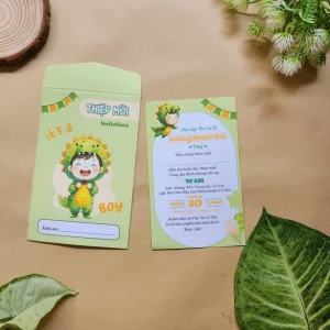 Thiệp mời thôi nôi, sinh nhật, đầy tháng cho bé trai rồng xanh lá