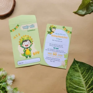Thiệp mời thôi nôi, sinh nhật, đầy tháng cho bé trai rồng xanh lá