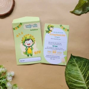 Thiệp mời thôi nôi, sinh nhật, đầy tháng cho bé trai rồng xanh lá