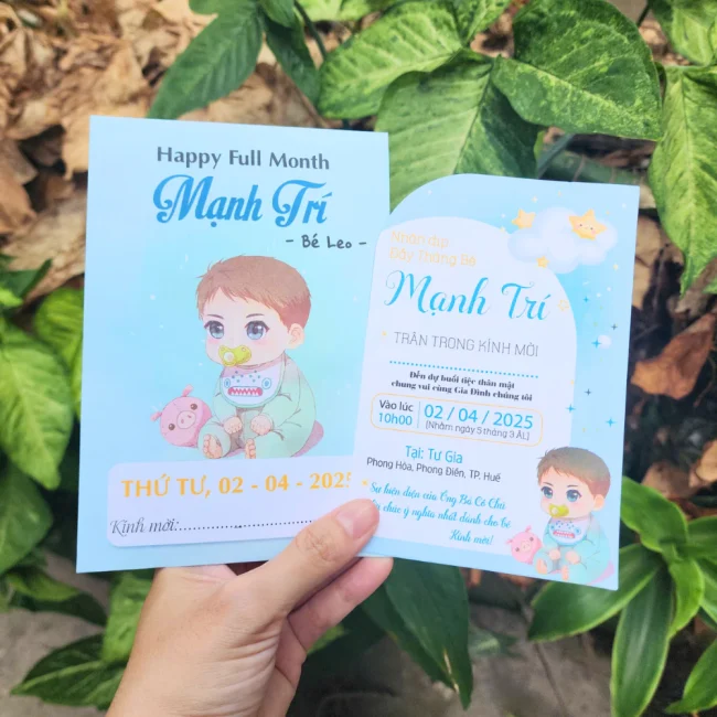 Thiệp mời thôi nôi, sinh nhật, đầy tháng cho bé trai/bé gái chú voi xanh dương đáng yêu