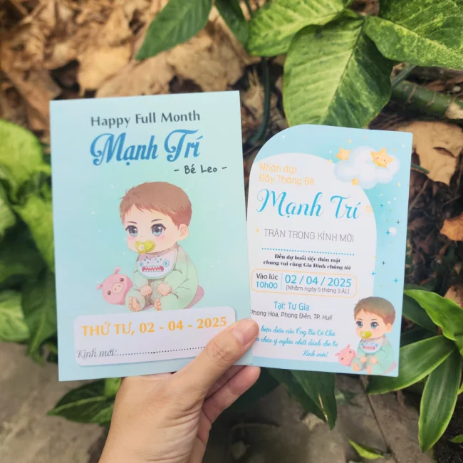 Thiệp mời thôi nôi, sinh nhật, đầy tháng cho bé trai/bé gái chú voi xanh dương đáng yêu