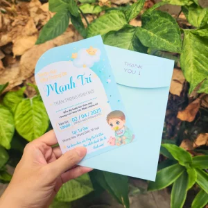 Thiệp mời thôi nôi, sinh nhật, đầy tháng cho bé trai/bé gái chú voi xanh dương đáng yêu