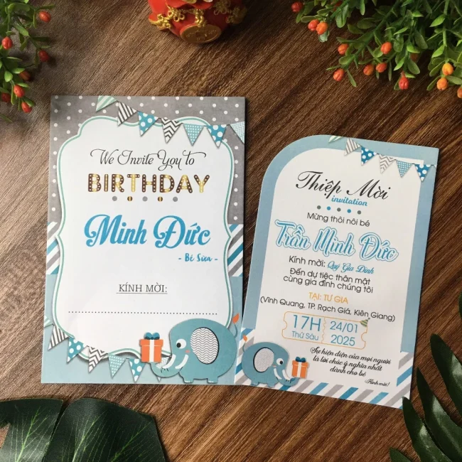 Thiệp mời thôi nôi, sinh nhật, đầy tháng cho bé trai/bé gái chú voi xanh dương đáng yêu