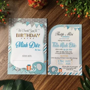 Thiệp mời thôi nôi, sinh nhật, đầy tháng cho bé trai/bé gái chú voi xanh dương đáng yêu