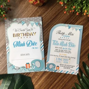 Thiệp mời thôi nôi, sinh nhật, đầy tháng cho bé trai/bé gái chú voi xanh dương đáng yêu