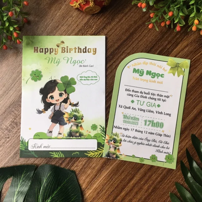 Thiệp Mời Thôi Nôi Sinh Nhật Đầy Tháng Bé Gái Cỏ 4 Lá Cute