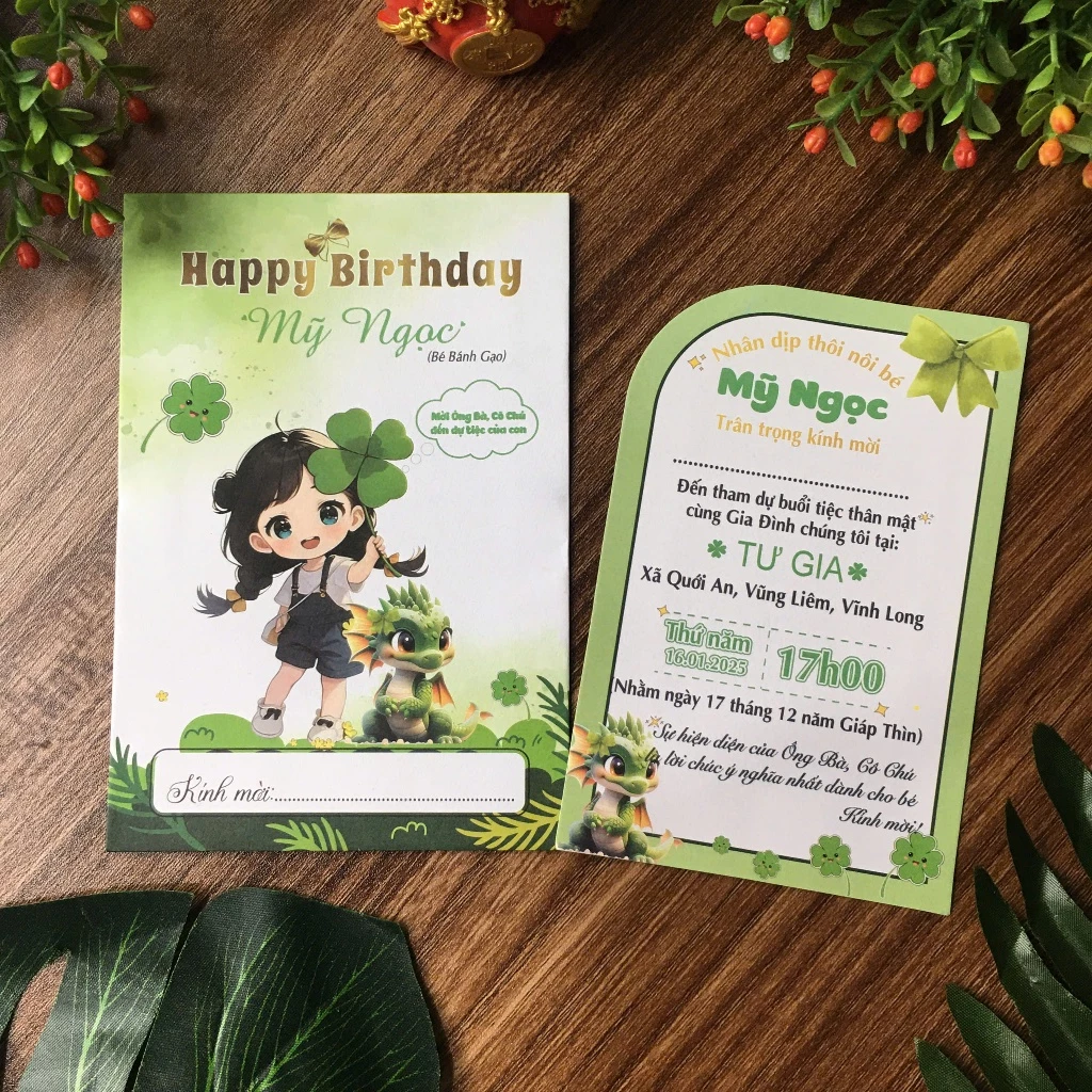 Thiệp Mời Thôi Nôi Sinh Nhật Đầy Tháng Bé Gái Cỏ 4 Lá Cute