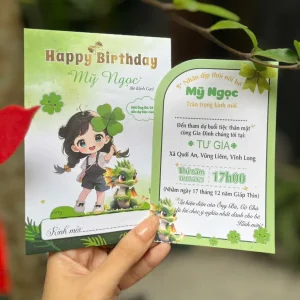 Thiệp Mời Thôi Nôi Sinh Nhật Đầy Tháng Bé Gái Cỏ 4 Lá Cute