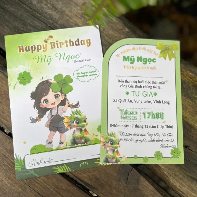 Thiệp Mời Thôi Nôi Sinh Nhật Đầy Tháng Bé Gái Cỏ 4 Lá Cute