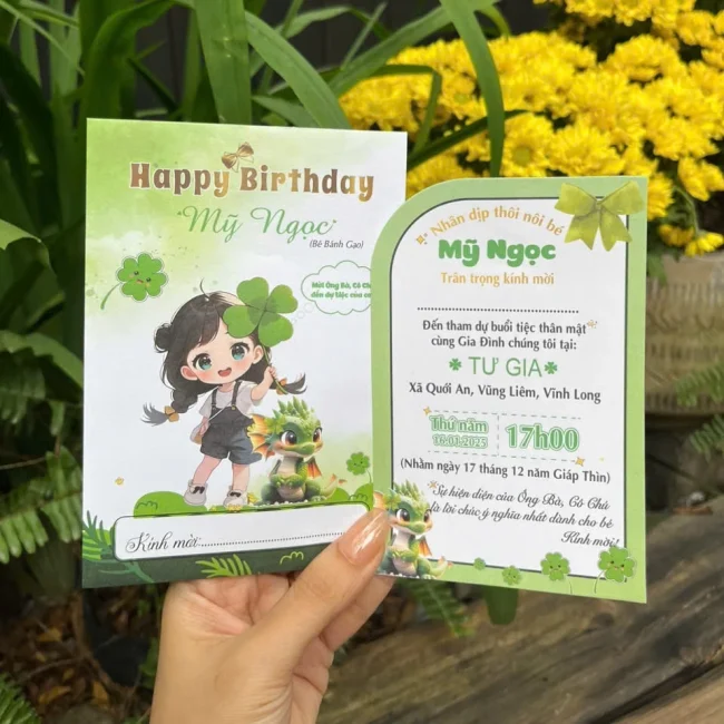 Thiệp Mời Thôi Nôi Sinh Nhật Đầy Tháng Bé Gái Cỏ 4 Lá Cute