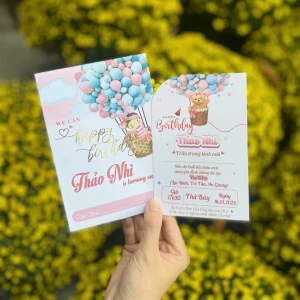 Thiệp mời thôi nôi, sinh nhật, đầy tháng gấu hồng xinh xắn cho bé gái