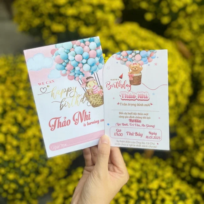 Thiệp mời thôi nôi, sinh nhật, đầy tháng gấu hồng xinh xắn cho bé gái