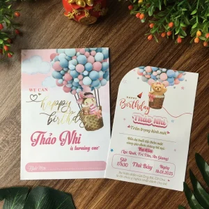 Thiệp mời thôi nôi, sinh nhật, đầy tháng gấu hồng xinh xắn cho bé gái
