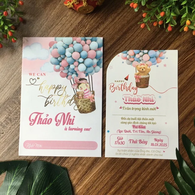 Thiệp mời thôi nôi, sinh nhật, đầy tháng gấu hồng xinh xắn cho bé gái