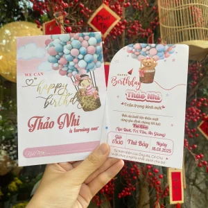 Thiệp mời thôi nôi, sinh nhật, đầy tháng gấu hồng xinh xắn cho bé gái