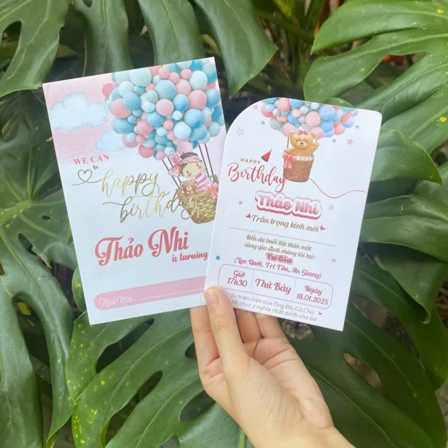 Thiệp mời thôi nôi, sinh nhật, đầy tháng gấu hồng xinh xắn cho bé gái